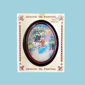 Miniature MCM Hand Painted 60s Oil Painting Landscape Oval Frame Original Box